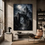 Blue Gray Moonlit Castle Gate Gothic Wall Art Canvas Print - Image 3