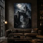 Blue Gray Moonlit Castle Gate Gothic Wall Art Canvas Print - Image 5