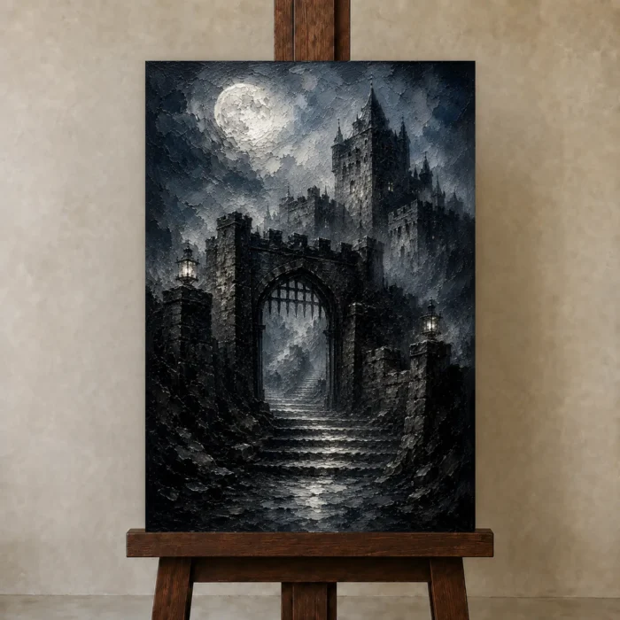 Blue Gray Moonlit Castle Gate Gothic Wall Art Canvas Print displayed on a studio easel