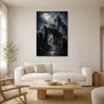 Blue Gray Moonlit Castle Gate Gothic Wall Art Canvas Print styled in a refined neutral interior