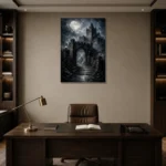 Blue Gray Moonlit Castle Gate Gothic Wall Art Canvas Print displayed in a contemporary gallery-inspired room