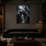 Blue Gray Moonlit Castle Gate Gothic Wall Art Canvas Print shown in a warm modern interior