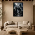 Blue Gray Moonlit Castle Gate Gothic Wall Art Canvas Print presented in a sophisticated home setting