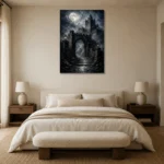 Blue Gray Moonlit Castle Gate Gothic Wall Art Canvas Print showcased in an elegant minimalist interior