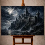 Blue gray cinematic Gothic Wall Art print for elegant interiors. No text or watermarks in design.