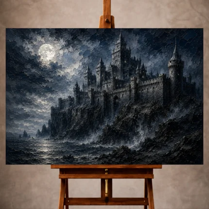 Blue gray cinematic Gothic Wall Art print for elegant interiors. No text or watermarks in design.