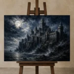 Blue Gray Moonlit Castle Gothic Wall Art Canvas Print displayed on a studio easel