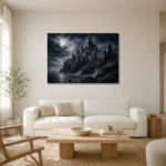 Blue Gray Moonlit Castle Gothic Wall Art Canvas Print styled in a refined neutral interior