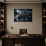 Blue Gray Moonlit Castle Gothic Wall Art Canvas Print displayed in a contemporary gallery-inspired room