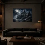 Blue Gray Moonlit Castle Gothic Wall Art Canvas Print shown in a warm modern interior
