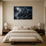 Blue Gray Moonlit Castle Gothic Wall Art Canvas Print showcased in an elegant minimalist interior