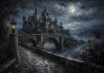 Blue Gray Moonlit Castle Bridge Gothic Wall Art Canvas Print