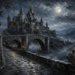 Blue Gray Moonlit Castle Bridge Gothic Wall Art Canvas Print