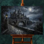 Blue Gray Moonlit Castle Bridge Gothic Wall Art Canvas Print - Image 2