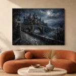 Blue Gray Moonlit Castle Bridge Gothic Wall Art Canvas Print - Image 3