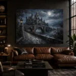 Blue Gray Moonlit Castle Bridge Gothic Wall Art Canvas Print - Image 4
