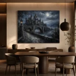 Blue Gray Moonlit Castle Bridge Gothic Wall Art Canvas Print - Image 5