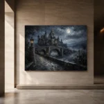 Blue Gray Moonlit Castle Bridge Gothic Wall Art Canvas Print - Image 6