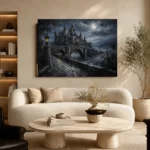 Blue Gray Moonlit Castle Bridge Gothic Wall Art Canvas Print - Image 7