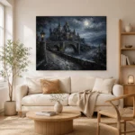 Blue Gray Moonlit Castle Bridge Gothic Wall Art Canvas Print - Image 8