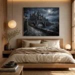 Blue Gray Moonlit Castle Bridge Gothic Wall Art Canvas Print - Image 9