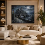 Blue Gray Moonlit Castle Bridge Gothic Wall Art Canvas Print - Image 10