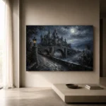 Blue Gray Moonlit Castle Bridge Gothic Wall Art Canvas Print - Image 11