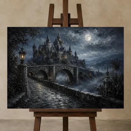 Blue Gray Moonlit Castle Bridge Gothic Wall Art Canvas Print shown in Studio Easel