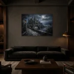 Blue Gray Moonlit Castle Bridge Gothic Wall Art Canvas Print shown in a warm modern interior