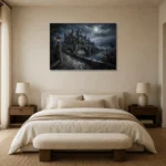 Blue Gray Moonlit Castle Bridge Gothic Wall Art Canvas Print showcased in an elegant minimalist interior