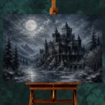 Blue Gray Winter Moonlit Castle Gothic Wall Art Canvas Print - Image 2