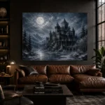 Blue Gray Winter Moonlit Castle Gothic Wall Art Canvas Print - Image 4