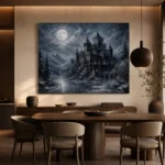 Blue Gray Winter Moonlit Castle Gothic Wall Art Canvas Print - Image 5