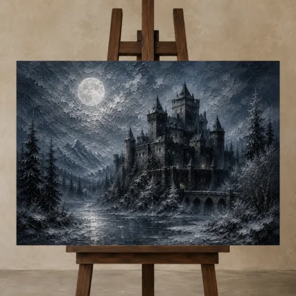 Blue Gray Winter Moonlit Castle Gothic Wall Art Canvas Print shown in Studio Easel