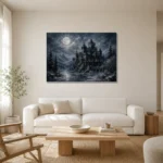 Blue Gray Winter Moonlit Castle Gothic Wall Art Canvas Print styled in a refined neutral interior
