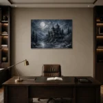 Blue Gray Winter Moonlit Castle Gothic Wall Art Canvas Print displayed in a contemporary gallery-inspired room