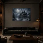 Blue Gray Winter Moonlit Castle Gothic Wall Art Canvas Print shown in a warm modern interior