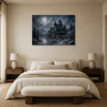 Blue Gray Winter Moonlit Castle Gothic Wall Art Canvas Print showcased in an elegant minimalist interior