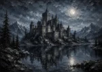 Blue Gray Moonlit Castle Tarn Gothic Wall Art Canvas Print