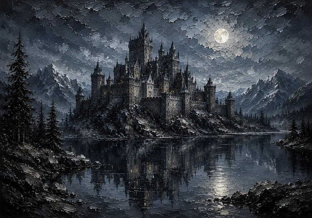 Blue Gray Moonlit Castle Tarn Gothic Wall Art Canvas Print