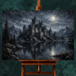 Blue Gray Moonlit Castle Tarn Gothic Wall Art Canvas Print - Image 2