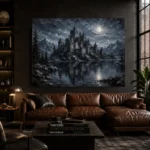 Blue Gray Moonlit Castle Tarn Gothic Wall Art Canvas Print - Image 4