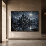 Blue Gray Moonlit Castle Tarn Gothic Wall Art Canvas Print - Image 6