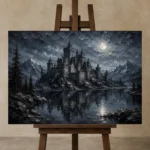 Blue Gray Moonlit Castle Tarn Gothic Wall Art Canvas Print displayed on a studio easel