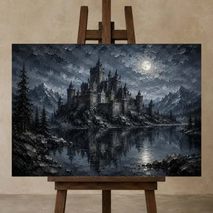 Blue Gray Moonlit Castle Tarn Gothic Wall Art Canvas Print shown in Studio Easel