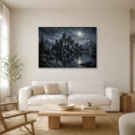 Blue Gray Moonlit Castle Tarn Gothic Wall Art Canvas Print styled in a refined neutral interior