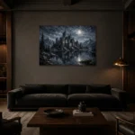 Blue Gray Moonlit Castle Tarn Gothic Wall Art Canvas Print shown in a warm modern interior
