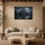 Blue Gray Moonlit Castle Tarn Gothic Wall Art Canvas Print presented in a sophisticated home setting