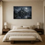 Blue Gray Moonlit Castle Tarn Gothic Wall Art Canvas Print showcased in an elegant minimalist interior