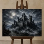 Blue Gray Moonlit Castle Fortress Gothic Wall Art Canvas Print displayed on a studio easel